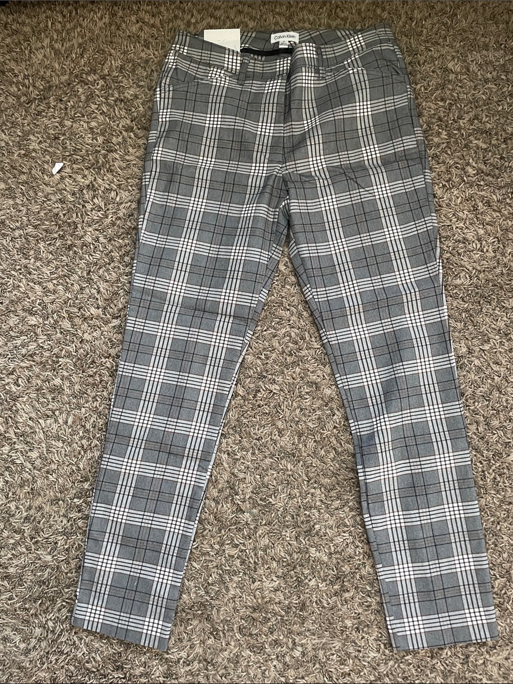 Calvin Klein Gray and White Plaid Slim Trousers